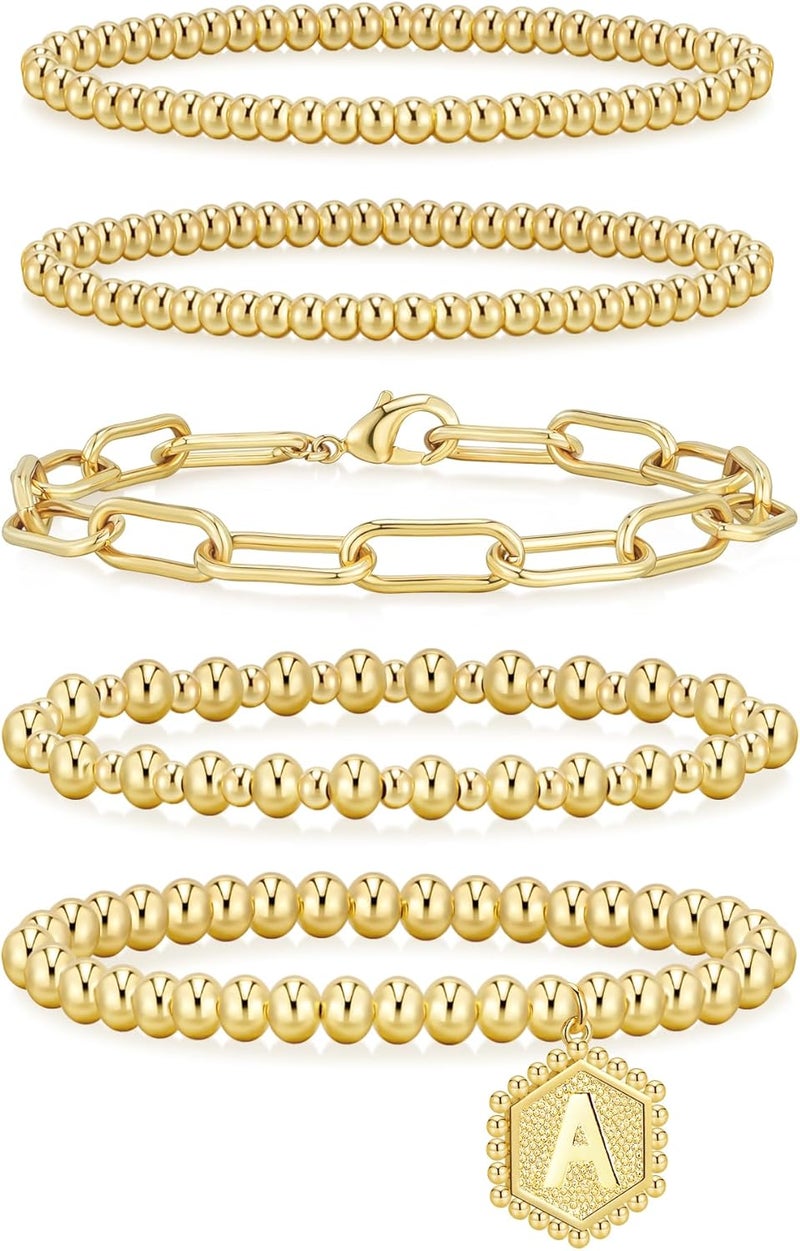 adoyi Gold Bracelets for Women Waterproof, 14K Gold Plated Beaded Strand Bead Ball Bracelets stack Adjustable Jewelry Set for Gifts - Image 1